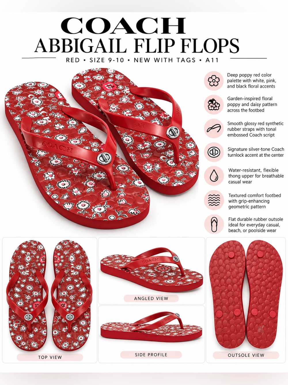 AUTHENTIC COACH FLORAL TURNLOCK FLIP FLOPS - RED SIZE 9-10 (NEW WITH TAGS) B1